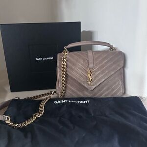 Yves Saint Laurent college satchel with crossbody strap.